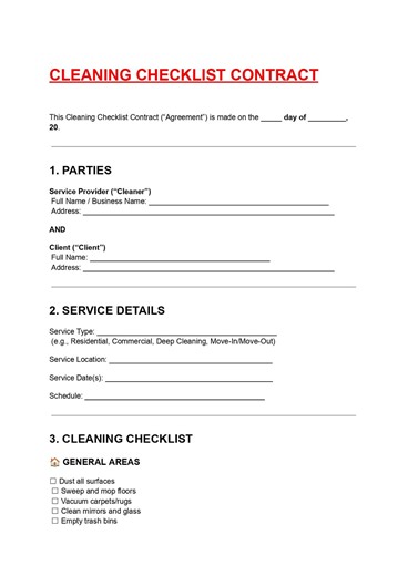 Cleaning Service Contract Checklist (DOC PDF), Editable Template