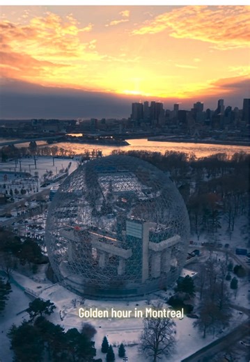 Golden hour in Montreal ☀️ 📸 @argenel Love the diversity of Montreal's iconic landmarks. Shown here are the Biosphere, Montreal Olympic Park, and The Ferris Wheel (La Grande Roue), just a little taste of the city’s rich history as the light begins to change. #montreal #canada #Quebec #aerial #travel