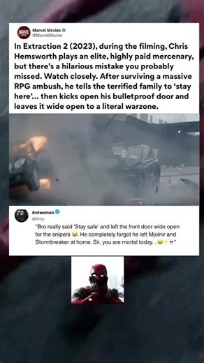 In Extraction (2023), Thor Forgot Mjolnir & Stormbreaker at home | Car chase scene