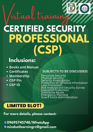 Want to become a Certified Security Professionals (CSP) Holder?? The next schedule of the Virtual Certified Security Professional Review Program is on ✅September 15-19, 2025 - via Zoom ✅September 27, 2025 - Graduation Day Thank you very much! #MindsetReview #mindsetmotivation #mindsetlearnings #highlightseveryone #highlightseveryonefollowers #CSPTRAINING #September2025 | Mindset Learning Review and Consultancy Services