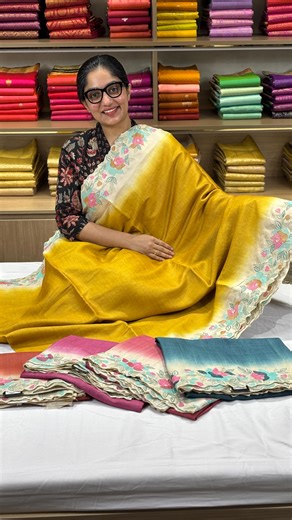 Kanchivaram on Instagram: "Crafted in pure tussar silk, these sarees feature a rich, vibrant body that gently transitions into an ivory-toned border. The borders are detailed with fine floral embroidery, creating a soft frame that enhances the drape without taking away from the fabric’s natural texture. Finished with a matching blouse piece featuring the same embroidered detailing. Available in multiple colour options. Price: ₹13,330 Hi, please contact us on WhatsApp or Instagram for enquiries a