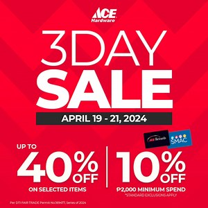 ACE 3-Day Sale is on April 19-21! 🔥 Up to 40% OFF 10% OFF for P2K min spend w/ ACE Rewards or SMAC. Plus, bank promos. T&Cs apply. See you at ACE Hardware, located at Lower Ground Floor, SM City Trece Martires! 🛒🛍️ For inquiries and reservations please contact us at Globe No.: 09176260275 Viber & Smart No.: 09985914374 DTI189477 #EverythingsHereAtSM 👉🏻 smsupermalls.com | SM City Trece Martires