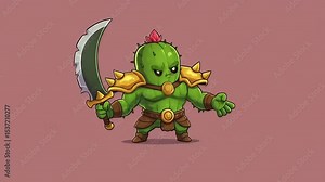 Cartoon cactus character wielding a sword, showcasing strength and determination against a plain background