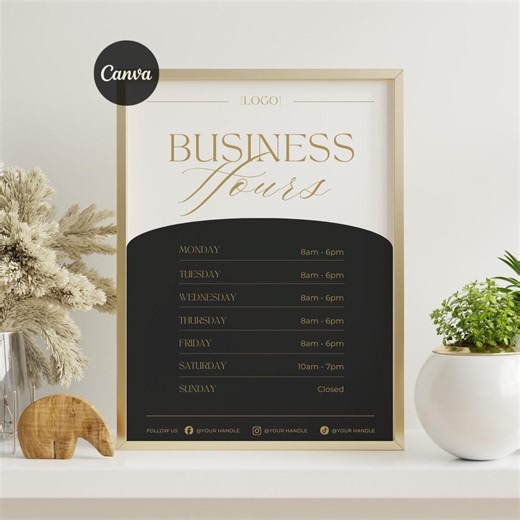 Editable Business Hours Sign Template: Minimal Store Time Printable, Shop Schedule Flyer for Small Businesses, Black Modern Canva Template - Etsy