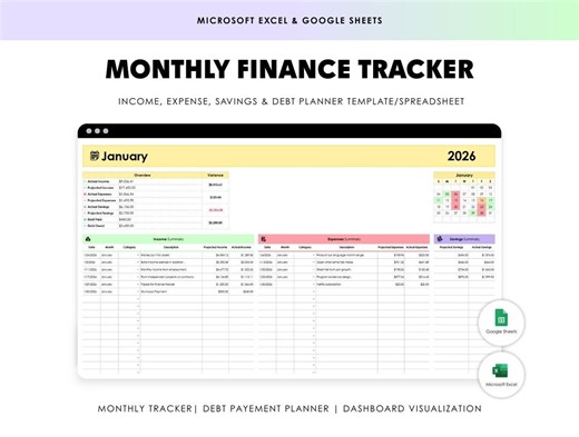 Monthly Finance Tracker 2026 (excel   Google Sheets) – Income, Expense, Savings & Debt Planner Template - Etsy