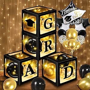 2025 Graduation Decorations Balloon Boxes Kit with 4 LED & 35 Decorative Balloons & Letters "GRAD'' Perfect for Graduation Party Decorations (LED-Black)