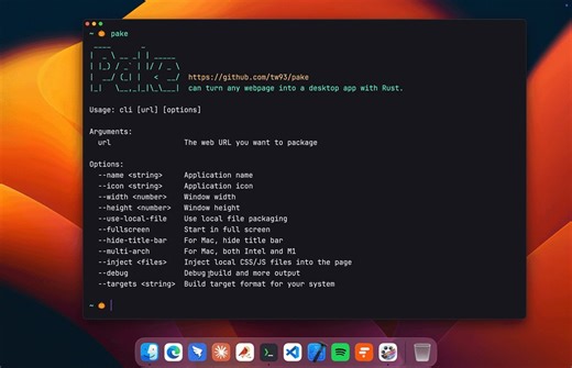 Pake V3.11 shipped! Package any webpage into a ~5MB desktop app with one command. Rust Tauri, 20x lighter than Electron.New: --install auto-moves to /Applications. --new-window keeps OAuth inside the app. --camera & --microphone for media permissions. --identifier for custom bundle IDs.Also fixed: Linux AppImage crash, Gemini blob downloads, ChatGPT zoom glitch.47.3K stars: