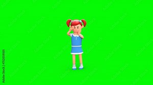 3D Rendered Animated Scene Of Cartoon Little Girl Crying, Wiping Eyes Standing Alone In Green Background.