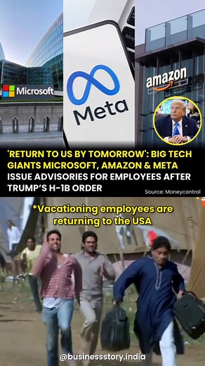 Business l Startup l Entrepreneurship on Instagram: "Tech giants including Microsoft, Meta, and Amazon have urgently advised employees holding H-1B visas to return to the US before the September 21, 2025 deadline, following President Donald Trump's executive order mandating a $100,000 annual fee per H-1B visa application or renewal. Those currently in the US have been told to postpone international travel, while those abroad risk being stranded if they miss the deadline. . . . . #BusinessStoryIn