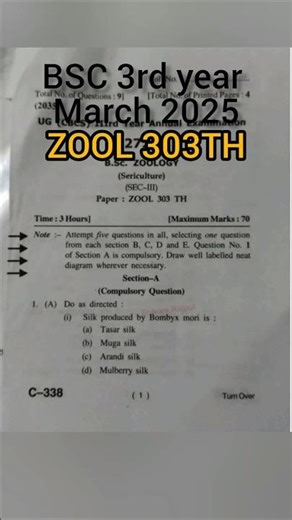 hpu Bsc 3rd year ZOOL 303TH sericulture question paper 2025. #hpu #exam