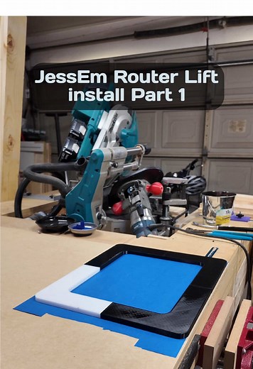 Part 1 - JessEm router lift install - Here after 3D printing out a template for the lift insert I wanted to make the template in MDF. Using 1/4” MDF I glue the printed template to the MDF sheet and cut out the bulk using a table saw and jigsaw to minimize routing later. #woodworking #makita #diy #tool #fyp @jessemtoolcompany