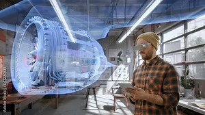 Engineer Using Augmented Reality in Industrial Workspace Holographic Jet Engine Design Daytime