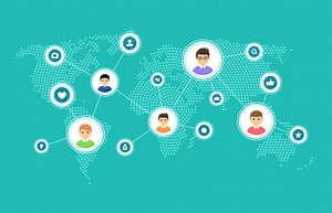 Social media and network connection map concept. World communication...