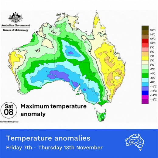 Much of eastern Australia can expect some warmer weather over the next couple of days. Tasmania will remain cool, but other eastern states will push 2-6 °C above the November average on Friday, with warm weather continuing along much of the east coast on Saturday. However, an approaching cold front will bring about a cool change. Cooler than average conditions are forecast for much of Western Australia and South Australia on Friday due to the southerly winds behind the front. Cooler temperatures