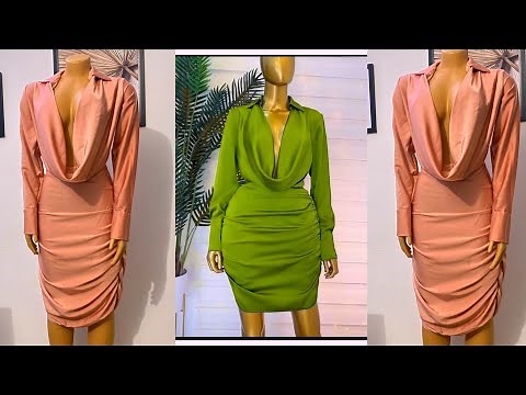 How to make a deep or plunging cowl neckline dress with collar and ruched skirt