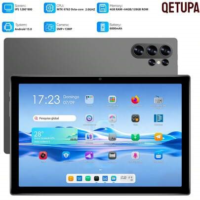 Qetupa Tableta Android de 10.1 pulgadas Z27, 4GB RAM + 64GB/128GB ROM, procesador MTK 6762 Octa-Core 2.0GHz, pantalla táctil IPS HD (1280x800), cámara frontal de 5MP y cámara trasera de 13MP, batería de 6000mAh, WiFi 802.11ac 2.4G+5G, BT 5.2, GPS | SHEIN