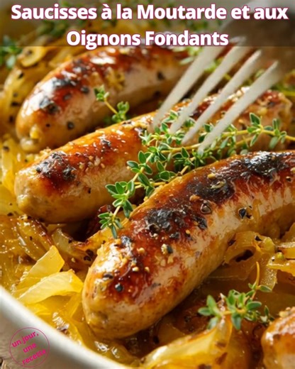 Saucisses à la Moutarde, Oignons et Vin Blanc – Parfumées et Gourmandes 🌭🧅✨ Cette version revisitée ajoute du vin blanc pour une sauce plus aromatique et une touche de thym pour une note provençale. Un plat généreux et savoureux, idéal pour un dîner convivial ! Ingrédients : (4 personnes) 4 saucisses de Toulouse ou chipolatas épaisses 🌭 2 gros oignons 🧅 2 cuillères à soupe de moutarde (à l’ancienne) 🥄 10 cl de crème fraîche épaisse 🥛 1 cuillère à soupe d’huile d’olive 🫒 10 g de beurre 🧈 