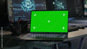 Isolated screen laptop in server farm monitoring artificial intelligence visualizing neural networks data and analytics. Mockup notebook overseeing servers powering machine learning operations