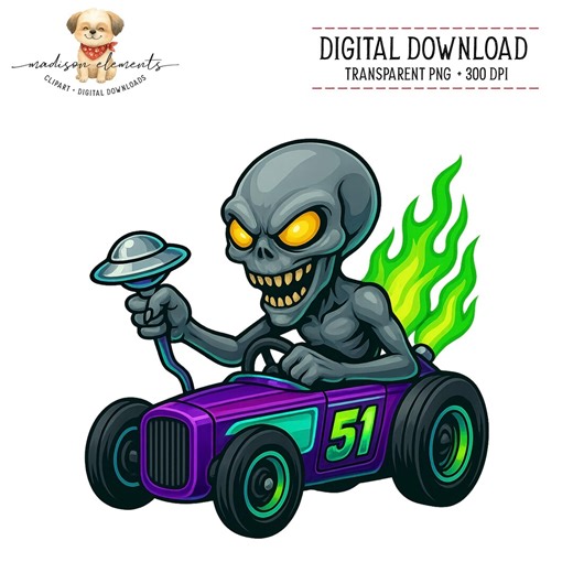 Alien Wacky Racer PNG Digital Download, Halloween Monster Derby Car Clipart, Cartoon Alien UFO Hot Rod Art, Spooky Race Car Png - Etsy
