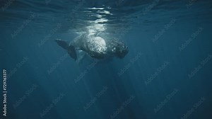 Humpback whale family swims together in beautiful pair in slow motion underwater