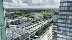 Ariel view of Almere centrum station, pan up