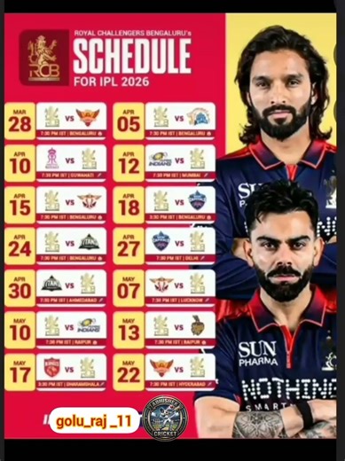 vasava_nimesh_810:02ROYAL CHALLENGERS BENGALURU'sSCHEDULE FOR IPL 2026 #cricket #rcbians #viratkohli
