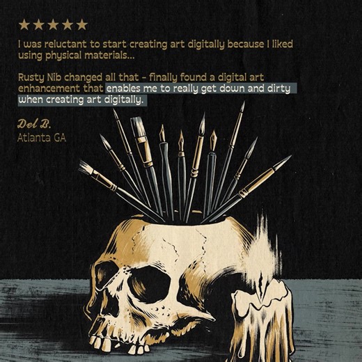 The Rusty Nib is your ticket to inking glory with over 130 pro-quality distressed inking brushes and effects that look so real, you'll swear they're analog. ✏️ 133 distressed inking brushes 🖌️ Huge variety of textures and edge effects 🎨 Realistic ink washes and watercolors 📘 Printable brush preview booklet 🔧 Easy to navigate, grouped by style 🆓 Free updates 🤑 Dig it or it's free guarantee ⭐️ Thousands of 5-star reviews ⭐⭐⭐⭐⭐ "The consistent quality of these brushes is fantastic. I apprecia