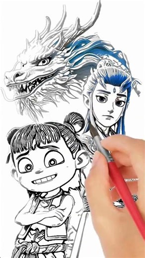 cute drawing of nezha and ao bing #drawsocute #shortvideo #shorts #foryou #asmrdrawing #drawing