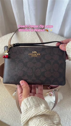 Coach Corner Zip Large Wristlet — Walnut Leather Wristlet