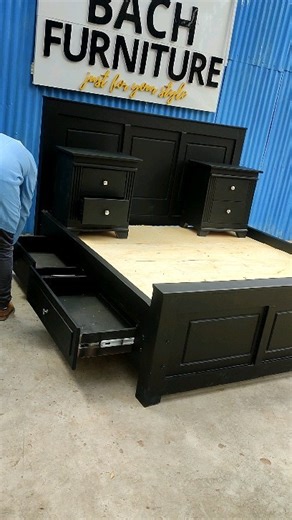 22K views · 162 reactions | This platform bed not only anchors your sleeping space, but it provides you with ample storage for clothes, linens, and more. It has a frame constructed from solid and engineered wood along with strong base.Painted in in black Matt, this bed features a rectangular headboard that's generously big for ample support as you relax with your favorite book. Two built-in drawers, let you keep your bedroom organized and clutter-free. | BACH Furniture | Facebook