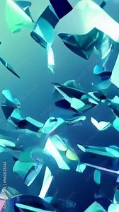 Falling Glass debris background featuring blue and green geometric shapes. Perfect for presentations, websites, digital art, and graphic design projects.