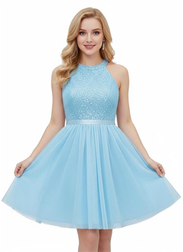 Stunning Light Blue Sequin Cocktail Dress – Halter Neck Tulle for Party & Wedding Events - Etsy