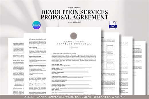 Demolition Services Proposal and Contract Template for Residential, Commercial, and Industrial Projects, Editable in Canva and Word - Etsy