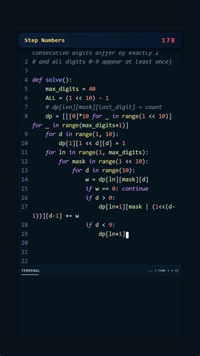 Project Euler #178: Step Numbers | Python #coding #python #programming
