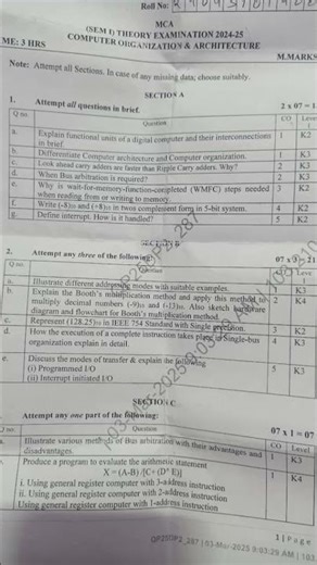 AKTU M.C.A Computer Organization and Architecture 2024-25 paper