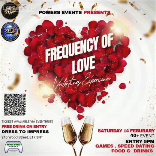 Powers Events on Instagram: "❤️✨ FREQUENCY OF LOVE – Valentine’s Experience ✨❤️ This Valentine’s, step into an atmosphere of connection, laughter, and good energy. Whether you’re single or taken, this is about celebrating love in all its forms ⚡️ 🥂 Free drink on entry 👗 Dress to impress 🎲 Games & speed dating 🍽️ Food & drinks 👥 40+ crowd 📍 245 Wood Street, E17 3NT 🗓️ Saturday 14th February ⏰ Entry from 5PM Come for the vibes, stay for the connections. Tickets available via Eventbrite scan