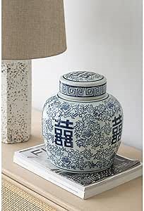 D8"x9.5" Oriental Blue and White 100% Porcelain Lidded Jar Vase With Floral Pattern For Storage Home Kitchen Organization