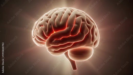 A glowing human brain illuminated from within, showcasing the cerebral cortex and brain stem in a dark environment from a frontal viewpoint