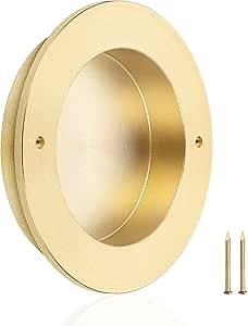 QOGRISUN 4-Pack Solid Brass Finger Pulls for Sliding Doors, 2-1/8 Inch Flush Recessed Handle, Brushed Gold Closet Door Hardware, Round Cup Pull for Cabinet, Drawer, and Pocket Doors