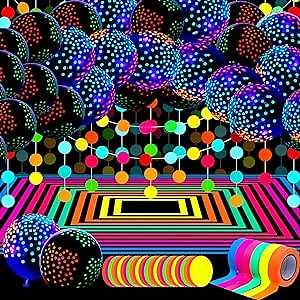 32 Pcs Glow in The Dark Party Supplies Christmas Neon Party Favors with 25 Fluorescent Balloon 6 Rolls 98.4 ft UV Blacklight Luminous Tape 14.4 ft Neon Streamer Garland for Adults(Bright Dot)