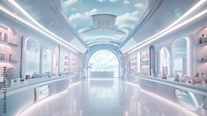 A futuristic-looking room with shelves filled with neatly arranged bottles, creating a striking visual display, 3D model of a futuristic virtual pharmacy