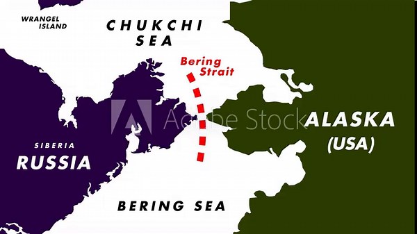 4K Map Animation Of Bering Strait Showing Forward Moving Red Dotted Line Route Across Alaska, Russia, And Labeled Bering And Chukchi Seas