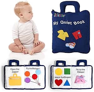 Jollybaby 10 Page Baby Soft Busy Books -My Quiet Book, Travel Toy & Montessori Sensory Educational, Preschool Learning Activities Toy for 1 2 3 Year Old Toddlers Boy Girl(Blue)