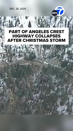 🌧️ STORM DAMAGE: Aerial video from AIR7 showed the dramatic buckling on snow-covered State Route 2 between Cedar Springs and Highway 138, following a landslide. A section of the Angeles Crest Highway collapsed near the Mt. Waterman ski lifts after a holiday storm, and a roadway closure spanning more than 3 miles remained in effect Tuesday. | George Robert Vitkos
