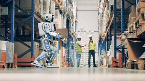 Warehouse robot is relocating boxes manually