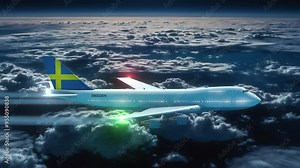 Commercial Airliner Passanger Plane Jumbo Jet Flying at Night over Clouds with Country Flag Sweden