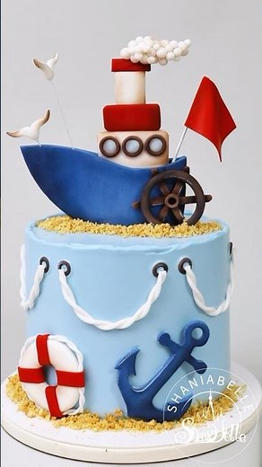 ⛵️🌊🏖️Ocean-themed fondant cake：The little ship is setting sail!Perfect for baby birthdays🌊⚓️