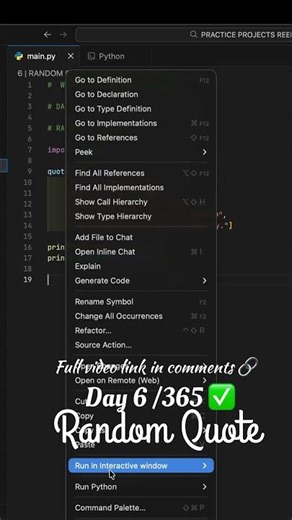 Random Quote Generator in Python | Day 6/365 ✅ #shorts #python #coding #buildinpublic