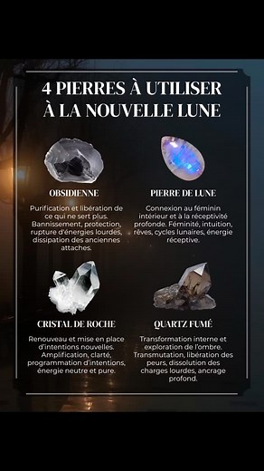 4 pierres à utiliser à la Nouvelle Lune 🌑 Obsidienne, Pierre de Lune, Cristal de roche, Quartz fumé #pierresnaturelles #lithotherapie #mineraux #pierres #lithothérapie #bienetre #spiritualité #meditation #yoga #intuition #lune #nouvellelune #intention #purification #protectionénergétique | City'Zen Bijoux et Minéraux