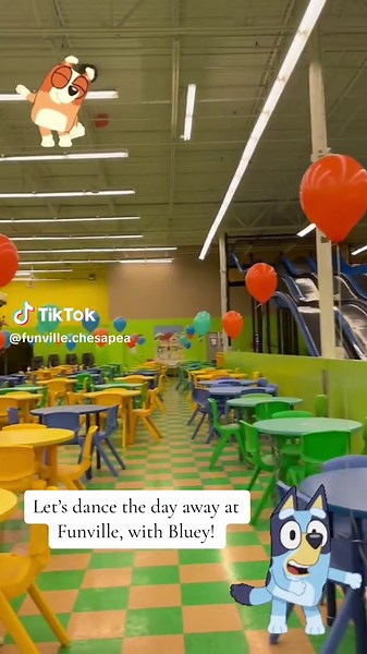 Dance the day away with us here at Funville in Chesapeke, VA! Featuring Bluey! Come & check out our themed events! Thank you! • #funvillechesapeke #thingstodowithkidsinvirginia #themedevents #kidsbirthdayparties #fun